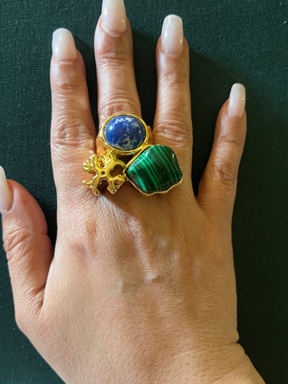 Tory Burch Gold-Tone Ring with Blue and Green Stones - Picture 1 of 1